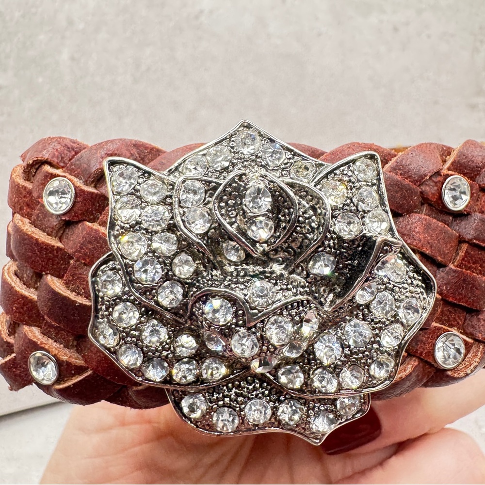 ✨ Genuine Leather Woven Cuff Bracelet with Crystal Rose Snap Closure Boho Chic